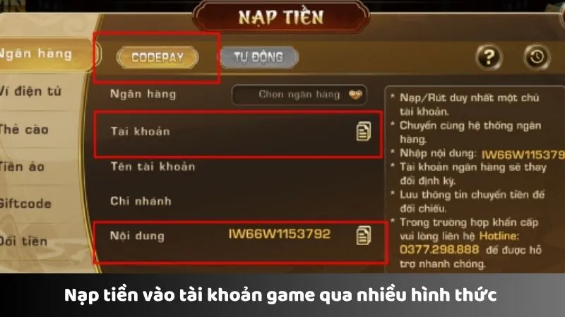 Nạp tiền vào tài khoản game qua nhiều hình thức 
